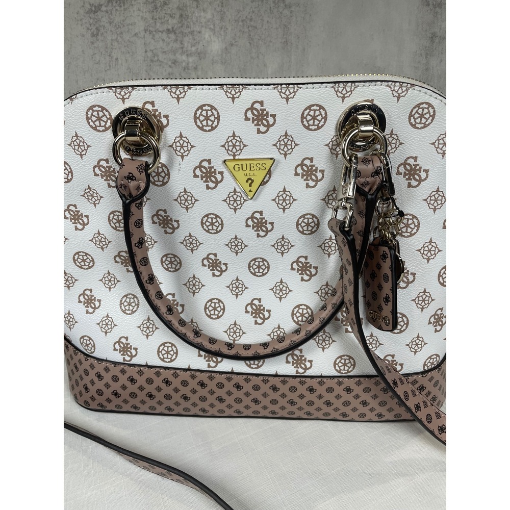Guess Bella Vita Dome Satchel Handbag White Brown Logo Print Convertible Strap - Picture 12 of 15